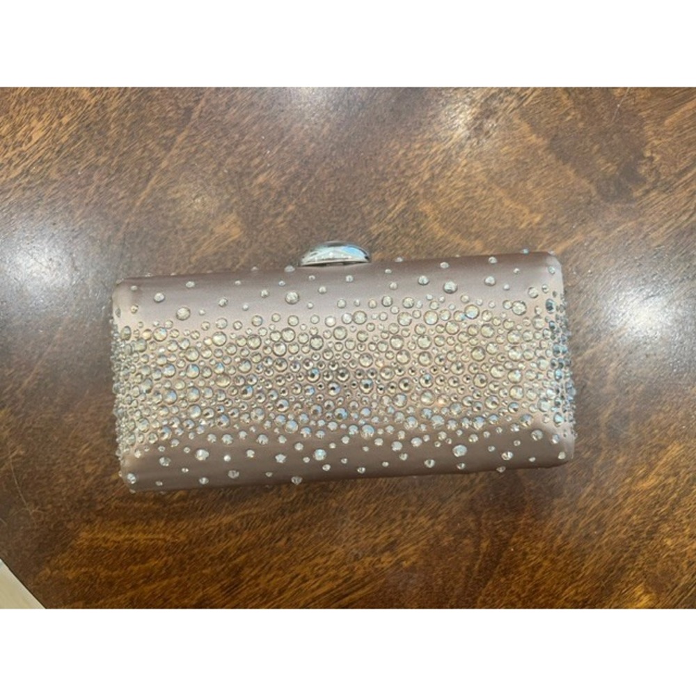 Nina Champagne Satin Rhinestone Crystal Box Clutch Evening Bag Detachable Chain